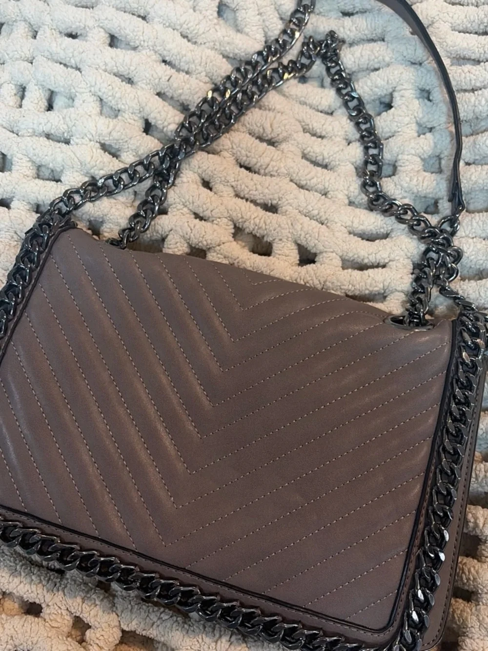 Aldo Quilted Chevron Shoulder Bag in Taupe with Black Chain